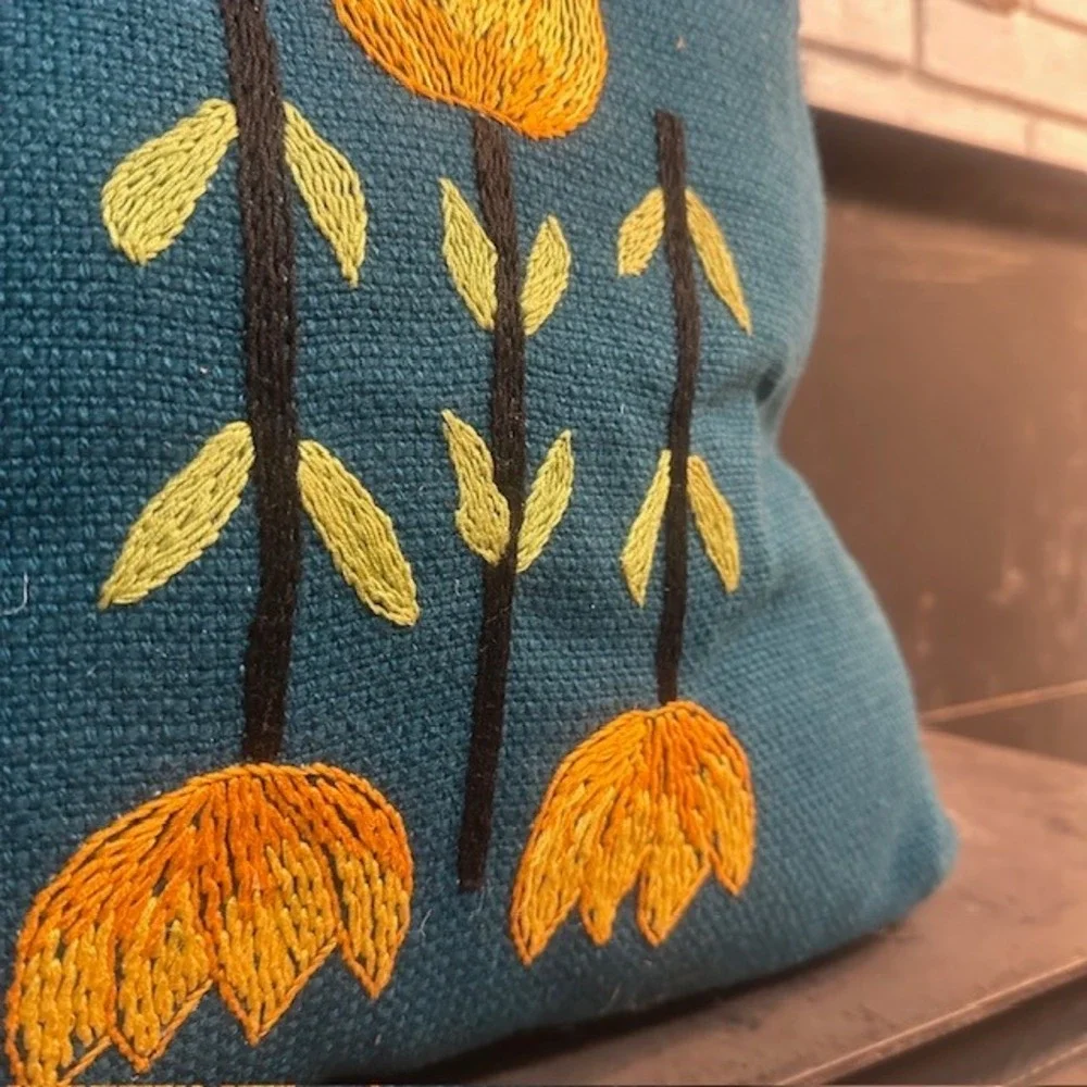 Vintage Unique Teal Embroidered Tote Bag Bamboo Handles Boho Style‎ - Picture 2 of 9